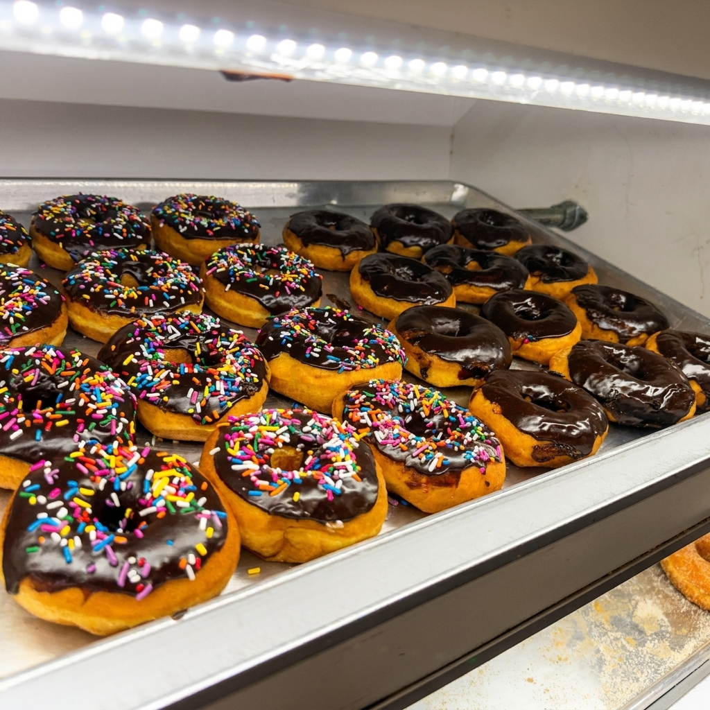 Tray of chocolate-iced cake donuts, half topped with rainbow sprinkles.