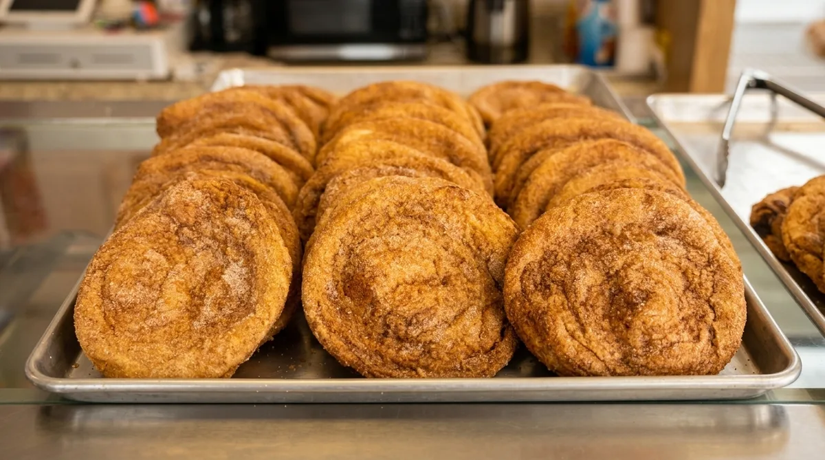 Cinnamon-sugar churro rounds piled on a stainless tray on the bakery counter.
