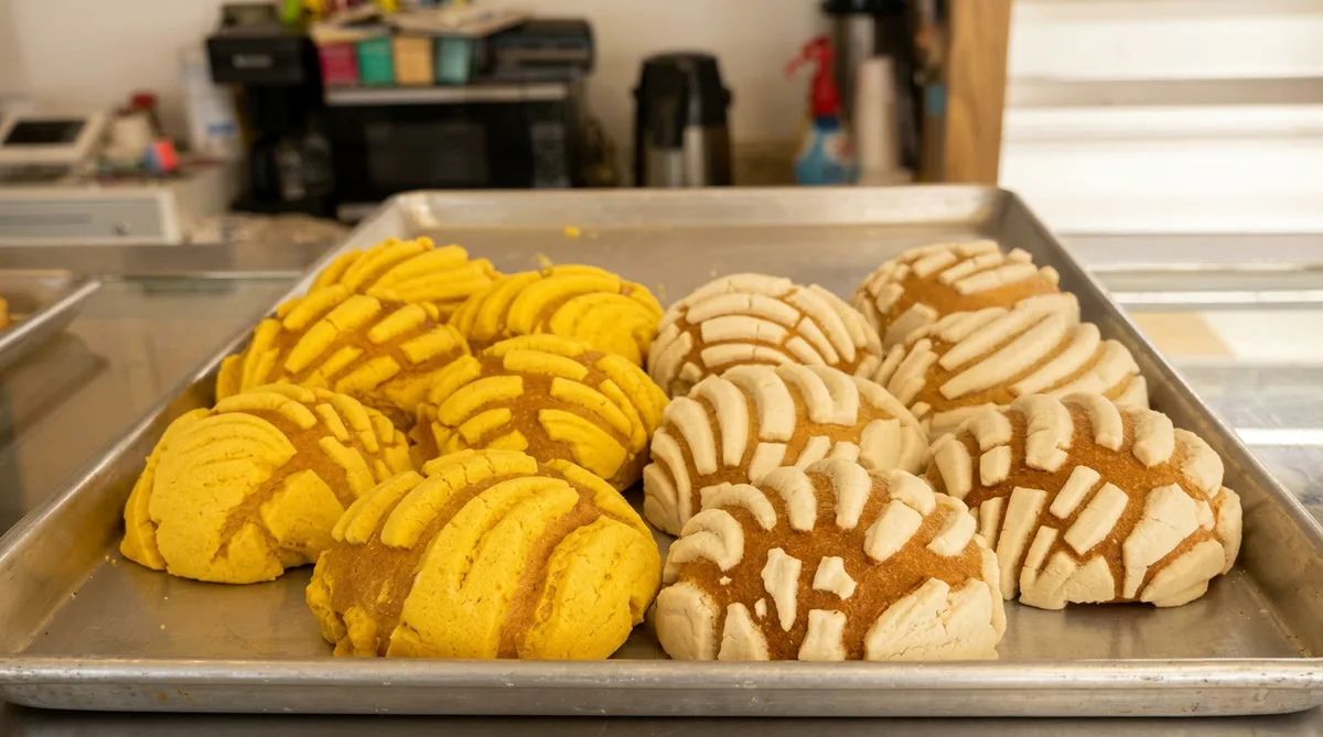 Yellow and white conchas on a sheet pan, scored shell topping in classic Bedoy pattern.