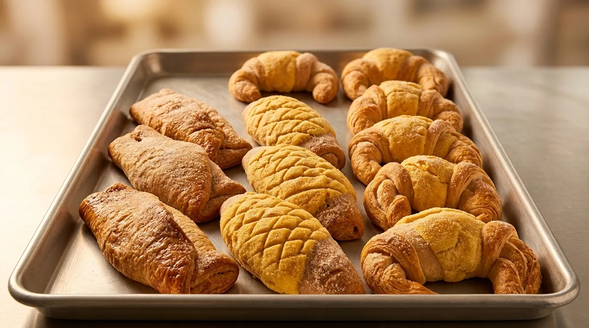 Cuernos and empanadas lined up on a sheet tray, golden and laminated.