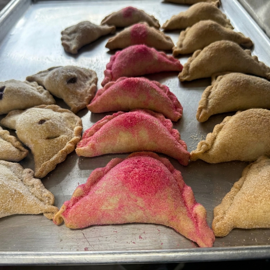 Sheet pan of sugared empanadas — pink strawberry, cinnamon, and blueberry hand pies.