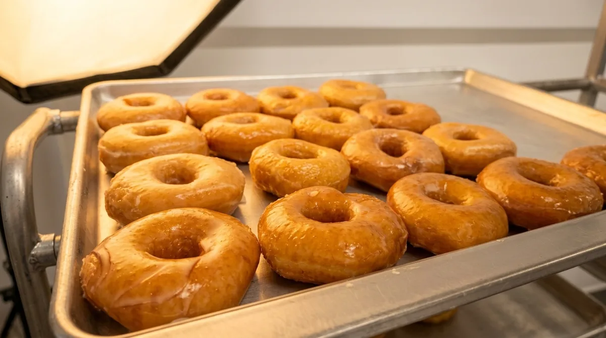 Tray of freshly glazed yeast donuts under warm bakery lights, sugar glaze still wet.