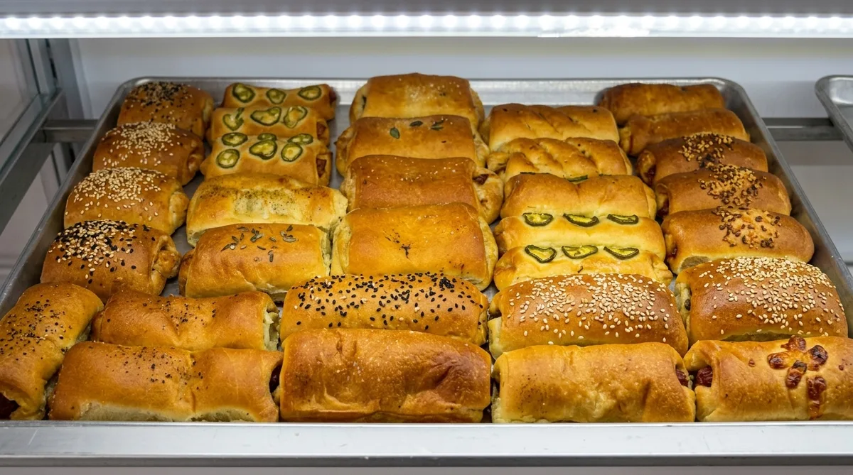 Sheet tray of golden kolaches — sesame, poppy, and jalapeño-cheese — fresh from the case.