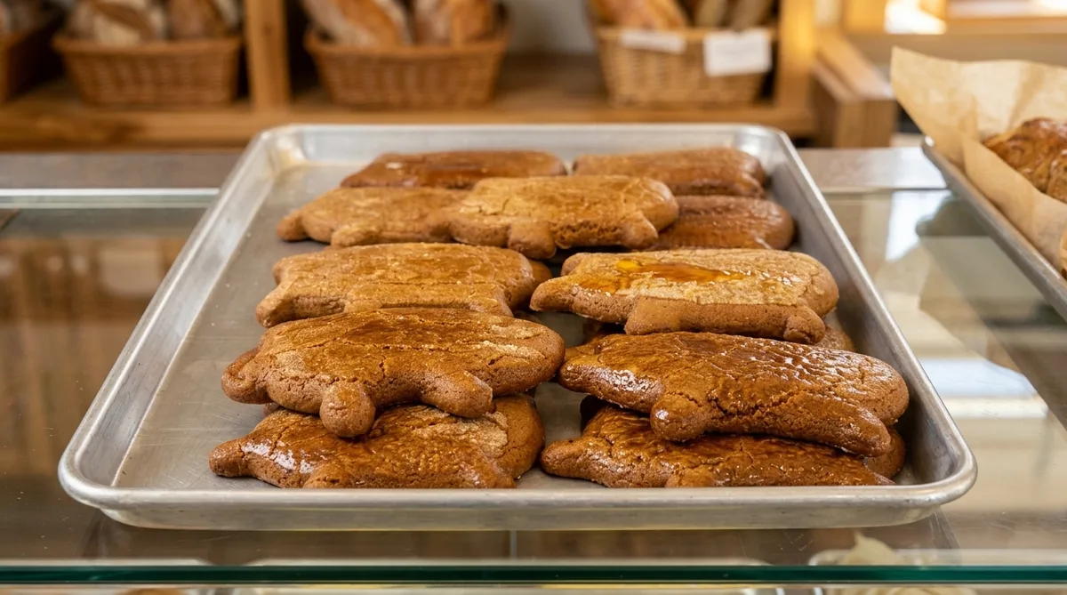 Sheet pan of marranitos — molasses gingerbread pigs — fresh from the oven.