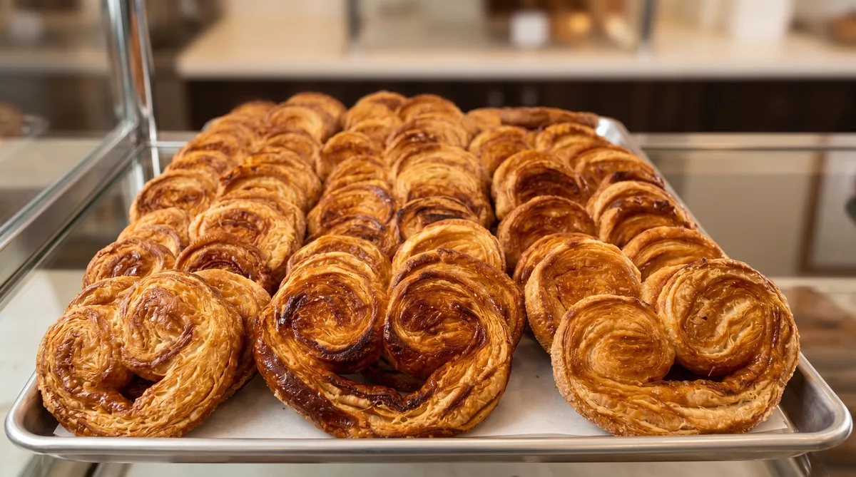 Tray of golden orejas — caramelized puff-pastry palmiers stacked in rows.