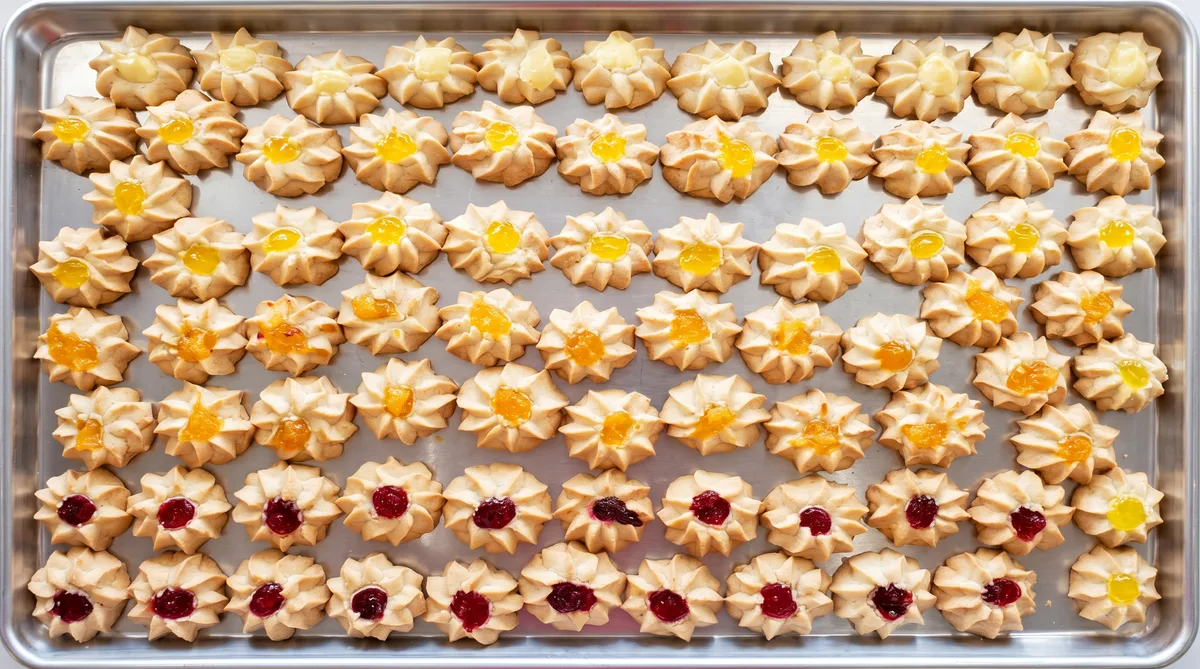Sheet pan of piped butter thumbprint cookies filled with apricot, lemon, and cherry jam.