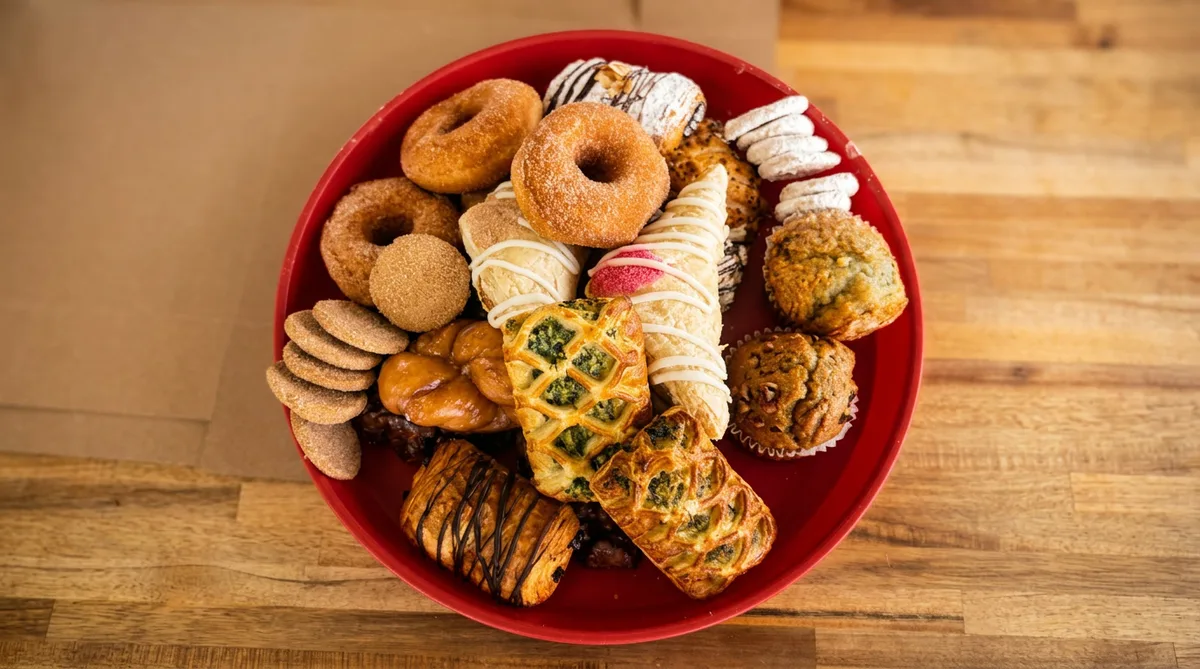 A red bowl heaped with the morning's variety: glazed donuts, conchas, empanadas, marranitos, churros, and a kolache — the Bedoy Sunday assortment.